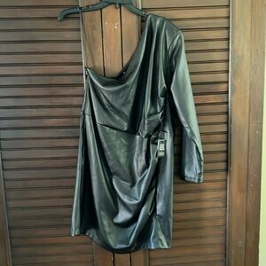 Express one-shoulder, black, long sleeve leather dress new with tags